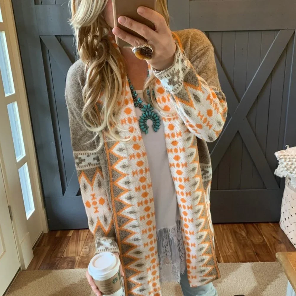 New Cozy Native Tribal Cardigan Sweater / Boho Western Long Blanket - Picture 2 of 8